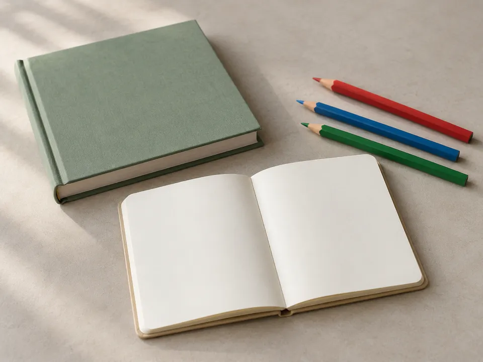 AI-generated illustration: plain book, notebook and colored pencils for learning.