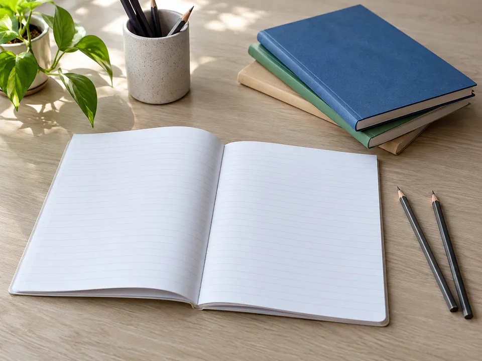 AI-generated illustration: blank notebook, pencils and books for learning.