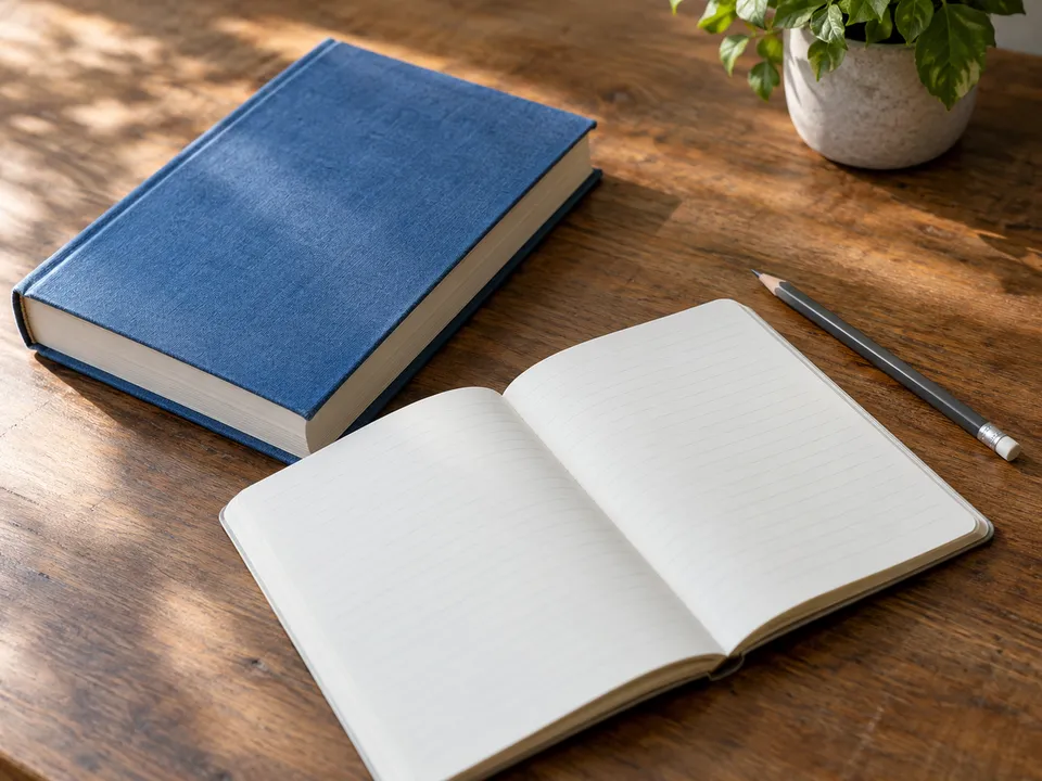 AI-generated illustration: book, notebook and pencil for language study.
