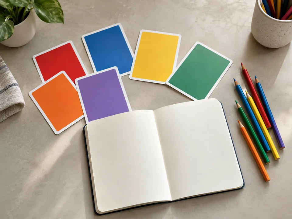 AI-generated illustration: learning cards, notebook and colored pencils.