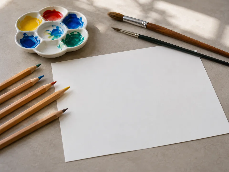 AI-generated illustration: drawing pencils, brushes, paint palette and blank paper.