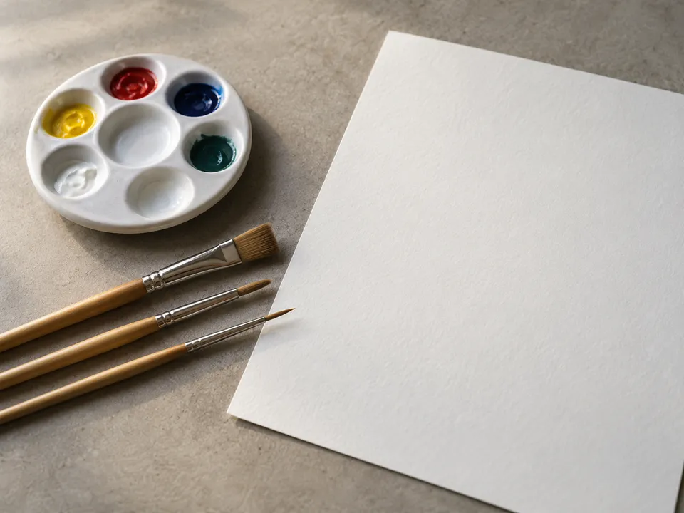 AI-generated illustration: Paintbrushes, a paint palette and blank paper.