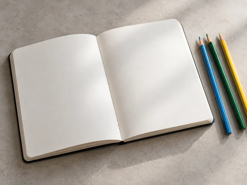 AI-generated illustration: A blank notebook and colored pencils.