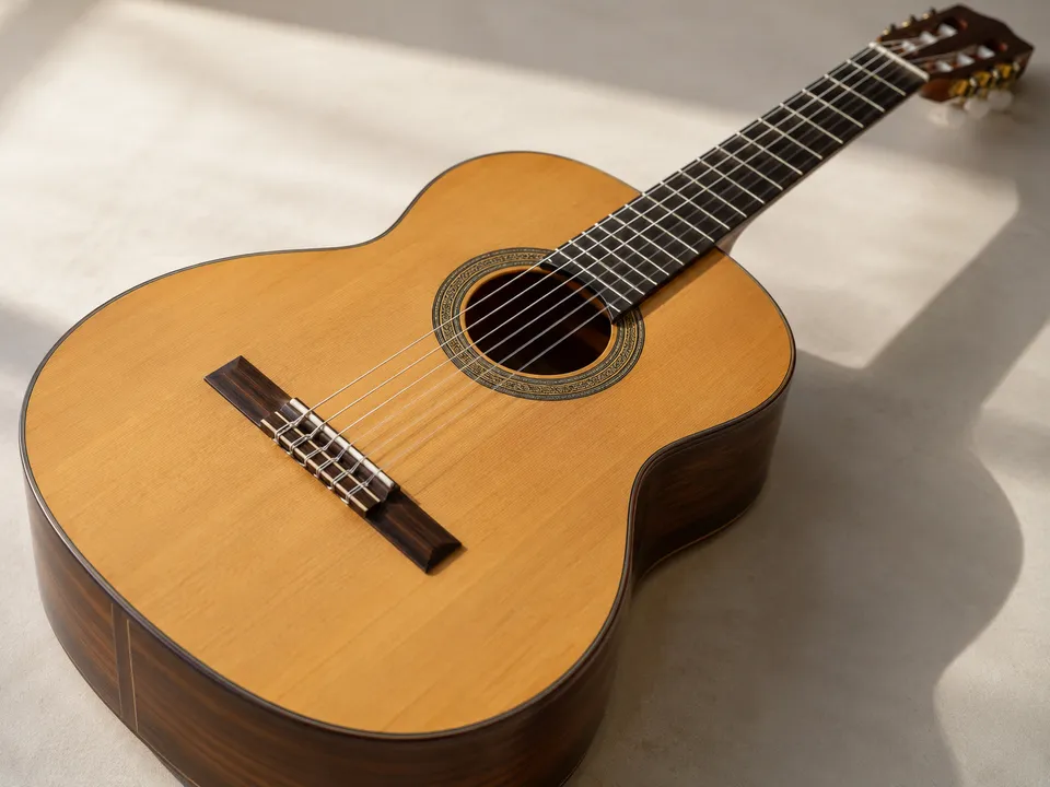AI-generated illustration: classical guitar for music lessons.