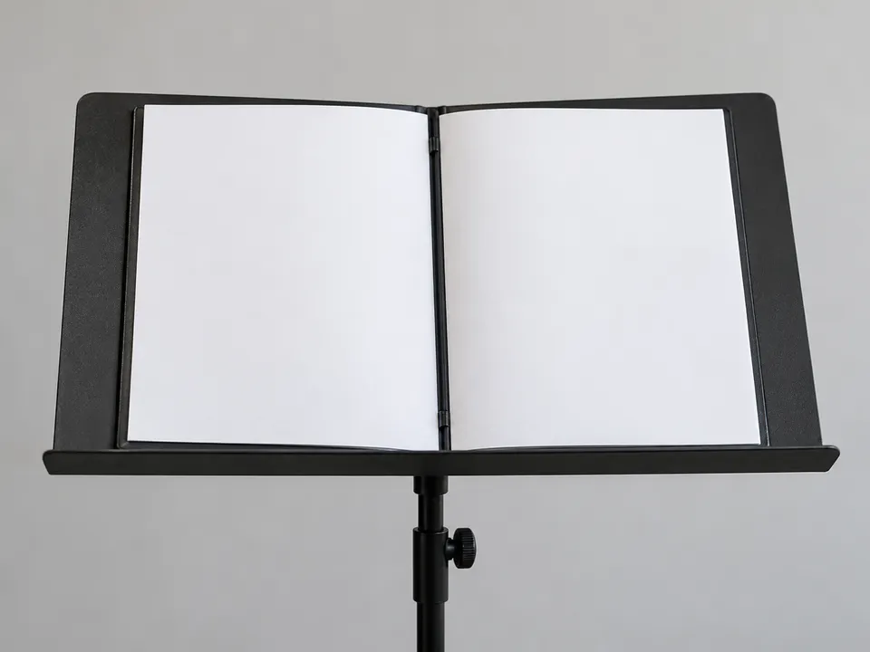 AI-generated illustration: open folder on a music stand for choir rehearsal.