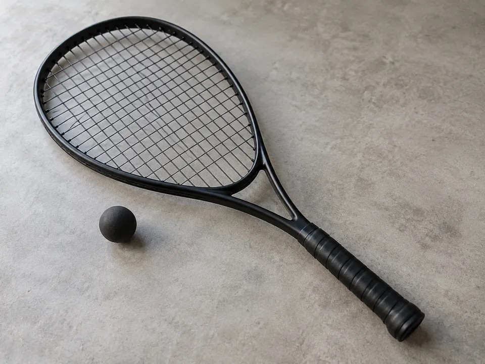 AI-generated illustration: A frontenis racket and a small dark ball.