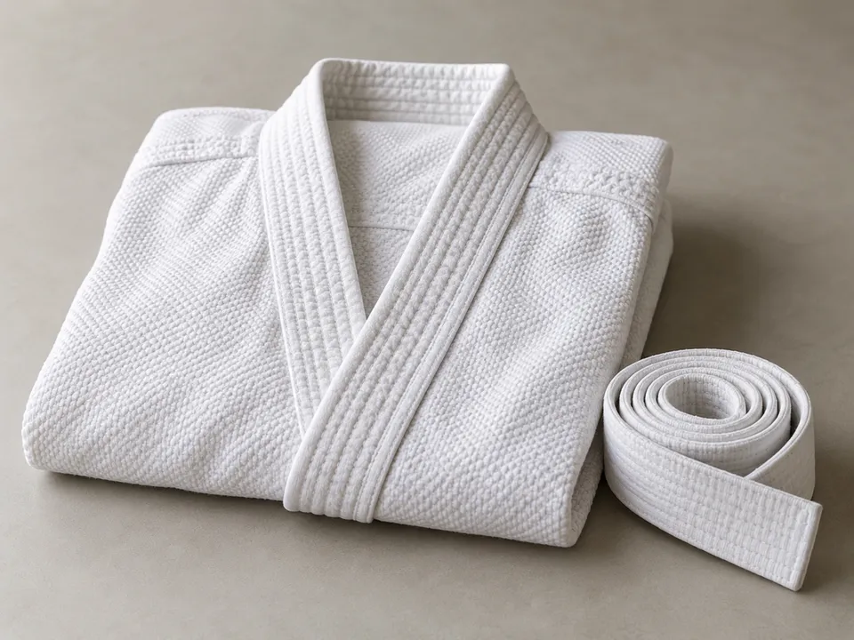 AI-generated illustration: folded judo uniform and white belt.