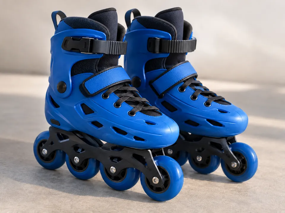 AI-generated illustration: A pair of blue inline skates.