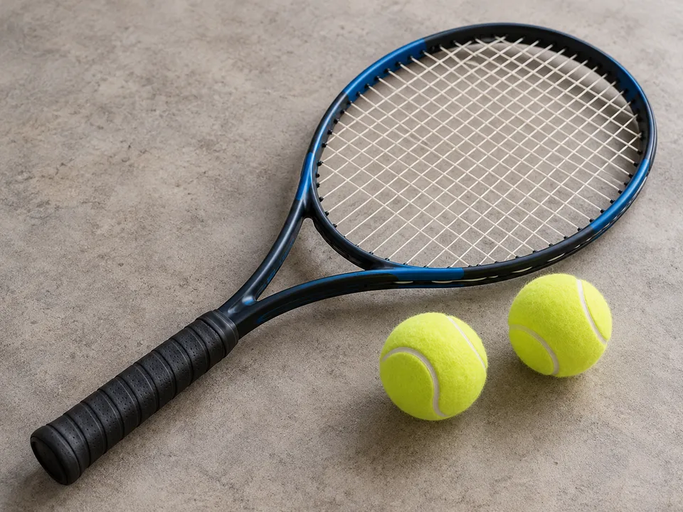 AI-generated illustration: tennis racket and two balls.
