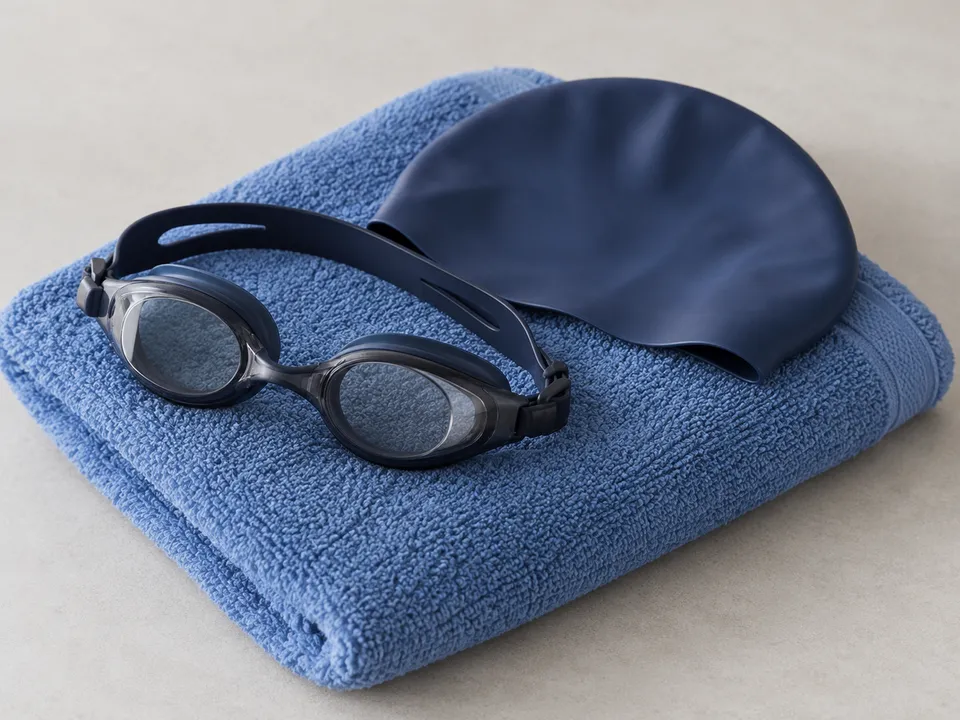 AI-generated illustration: swimming goggles and cap on a towel.