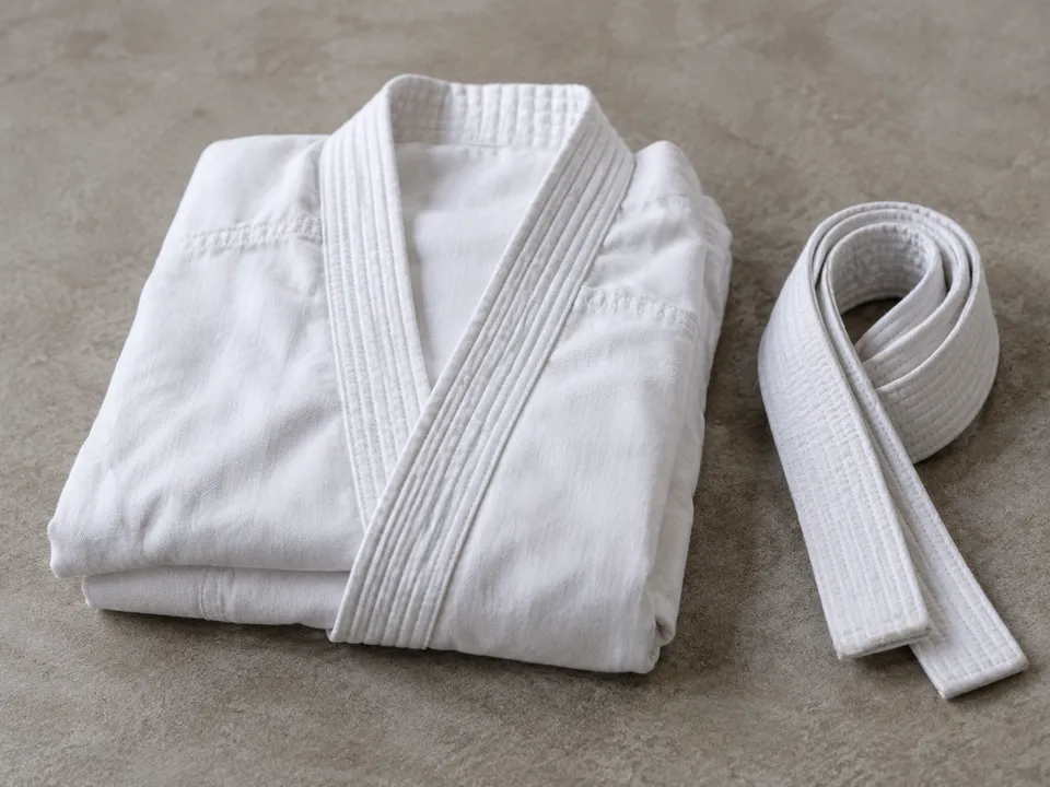AI-generated illustration: folded karate uniform and white belt.