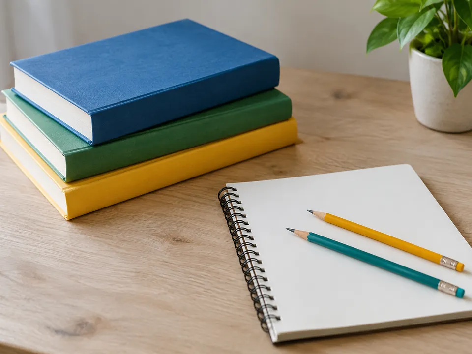 AI-generated illustration: books, notebook and pencils for children's learning.