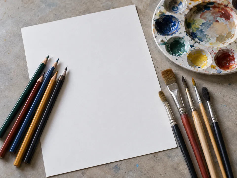 AI-generated illustration: drawing pencils, brushes, palette and paper.