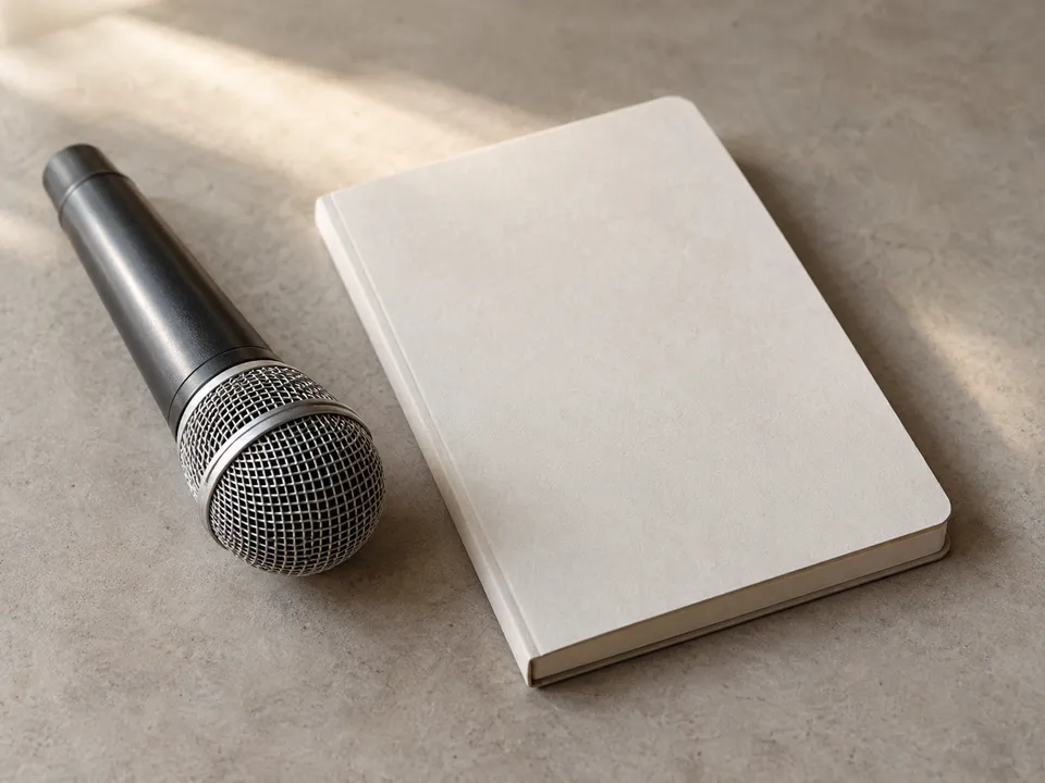 AI-generated illustration: microphone and notebook for musical-theatre rehearsal.