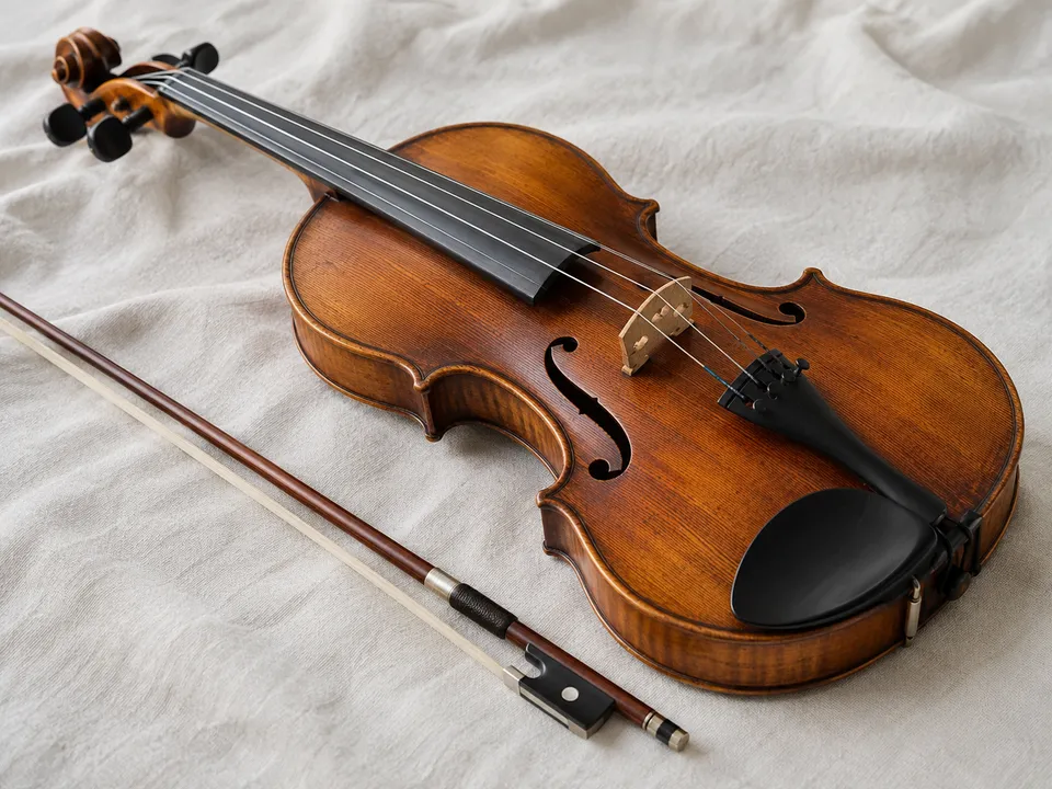 AI-generated illustration: violin and bow for music learning.