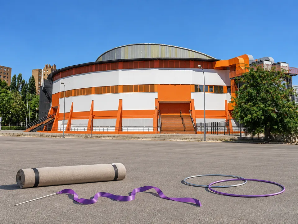 AI-generated illustration: empty Font de Sant Lluís arena exterior with a gymnastics mat, ribbon and hoops.