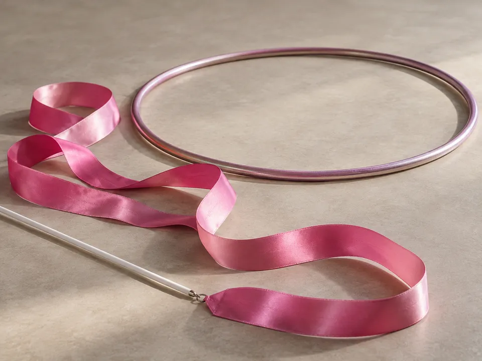 AI-generated illustration: a rhythmic gymnastics ribbon and a hoop.
