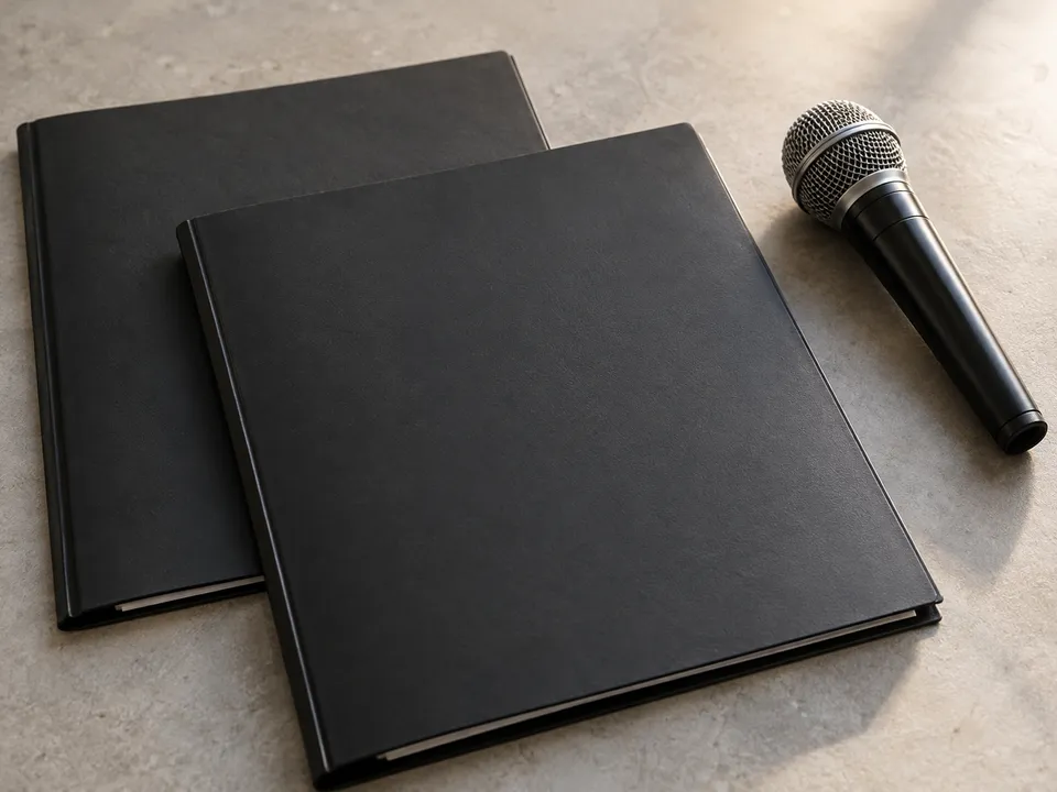 AI-generated illustration: blank rehearsal folders and a microphone.