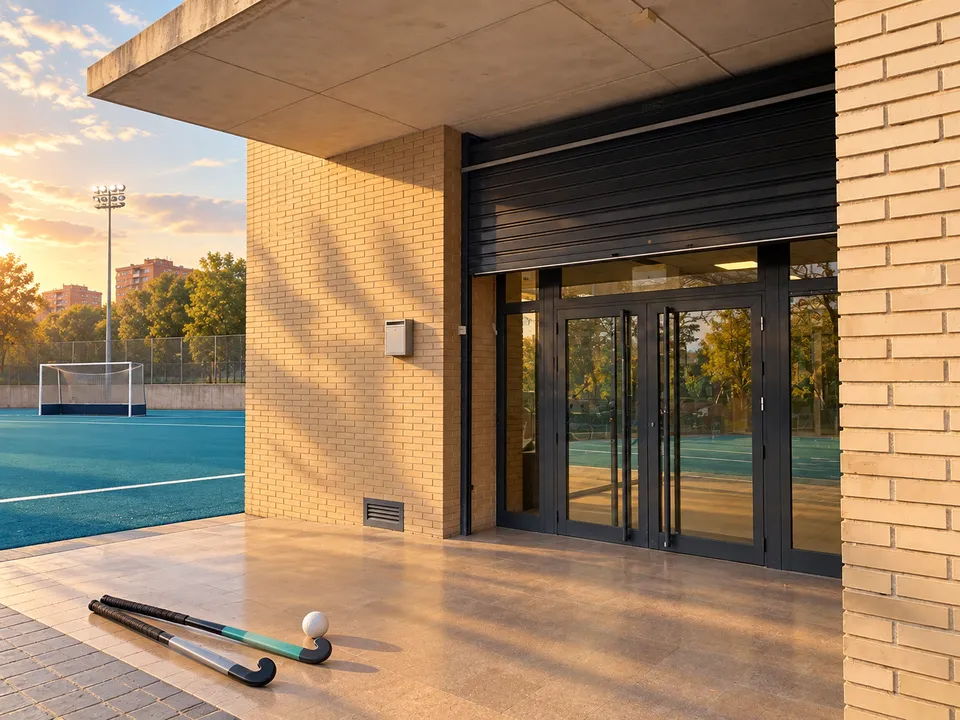 AI-generated illustration: empty Beteró hockey training setting with blue-green turf, a goal, two sticks and a ball.
