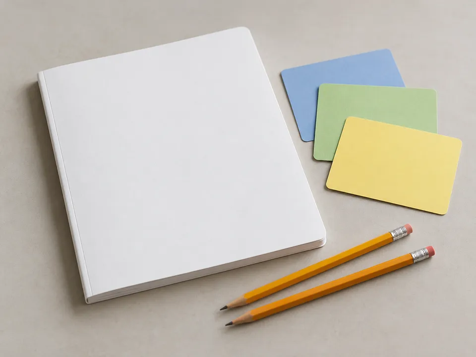 AI-generated illustration: a blank exercise notebook, pencils and learning cards.