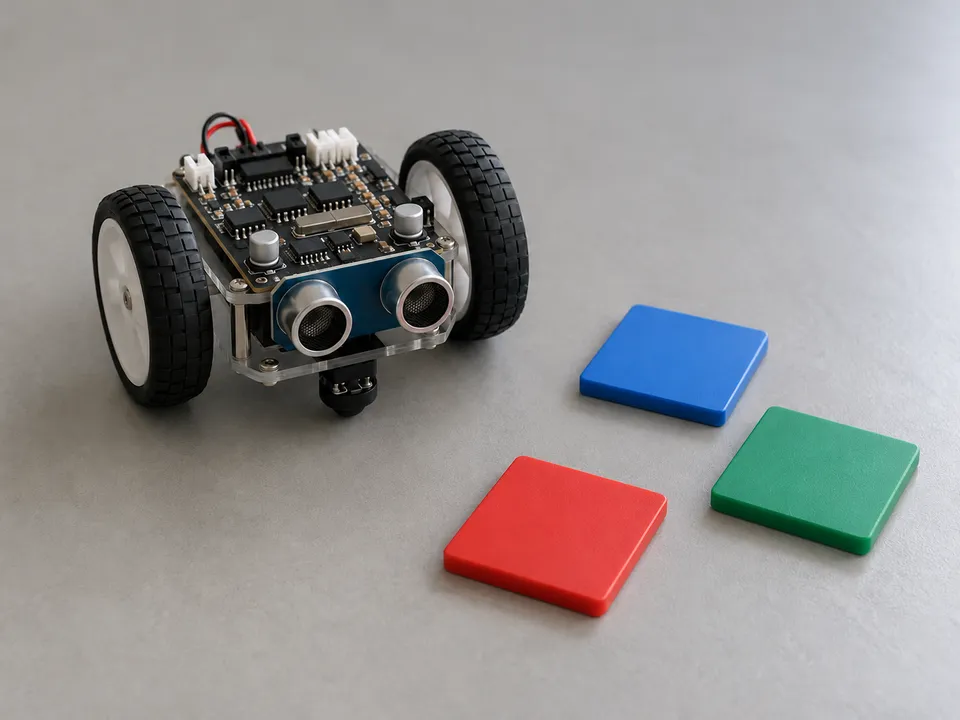 AI-generated illustration: a small educational robot and plain coding tiles.