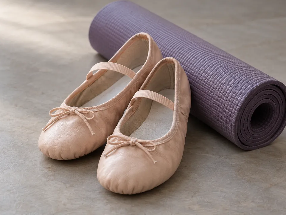 AI-generated illustration: dance shoes and a rolled practice mat.