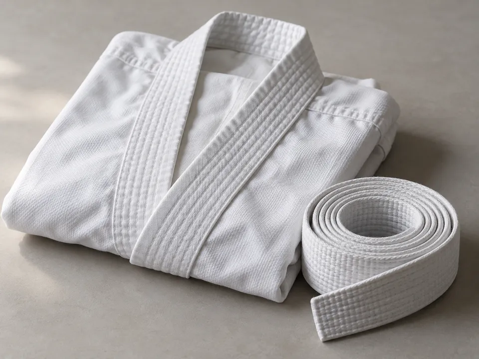 AI-generated illustration: a folded white karate jacket and a white belt.
