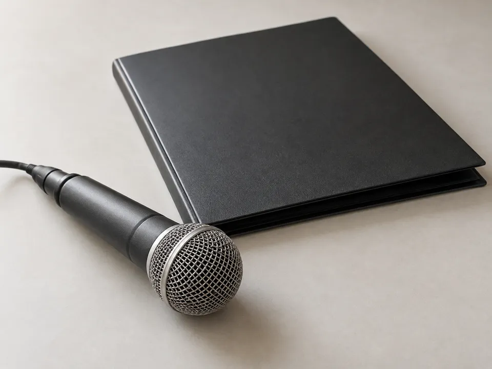 AI-generated illustration: a rehearsal microphone and a blank song folder.