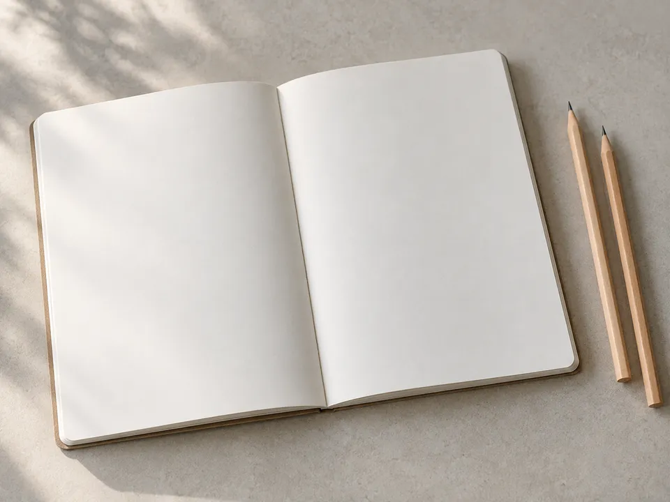 AI-generated illustration: a blank workshop notebook and pencils.