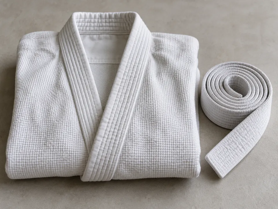 AI-generated illustration: A folded white judo jacket and a white belt.