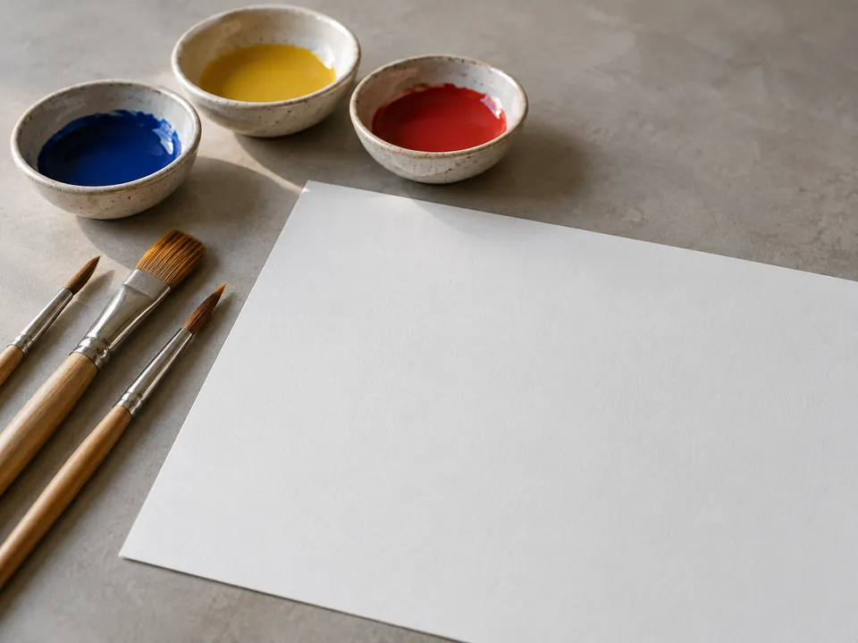 AI-generated illustration: paintbrushes, paint bowls and blank paper.