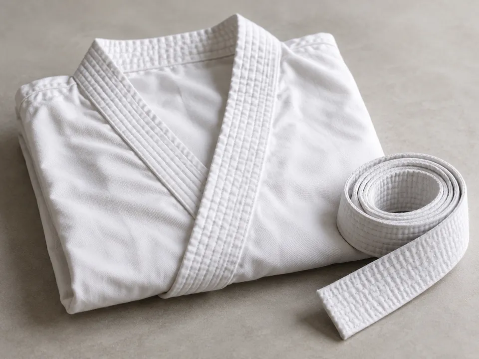 AI-generated illustration: A folded white karate jacket and a white belt.