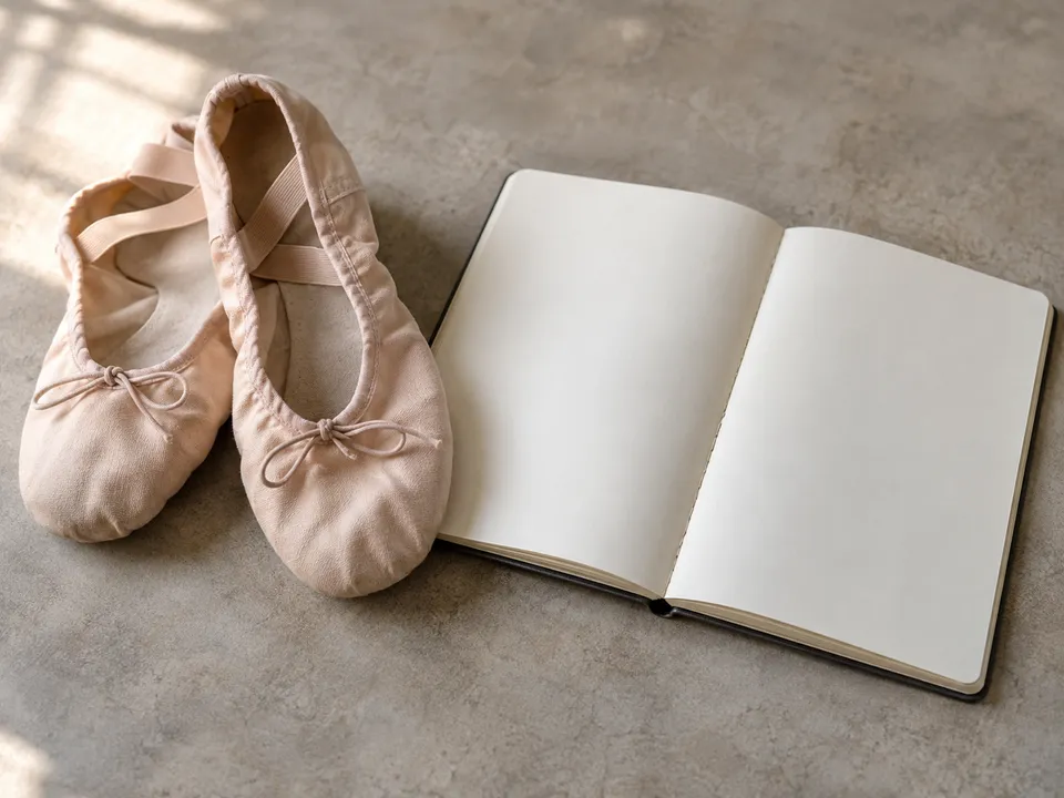 AI-generated illustration: ballet slippers and a blank rehearsal notebook.