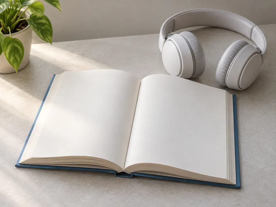 AI-generated illustration: a blank reading book and headphones.