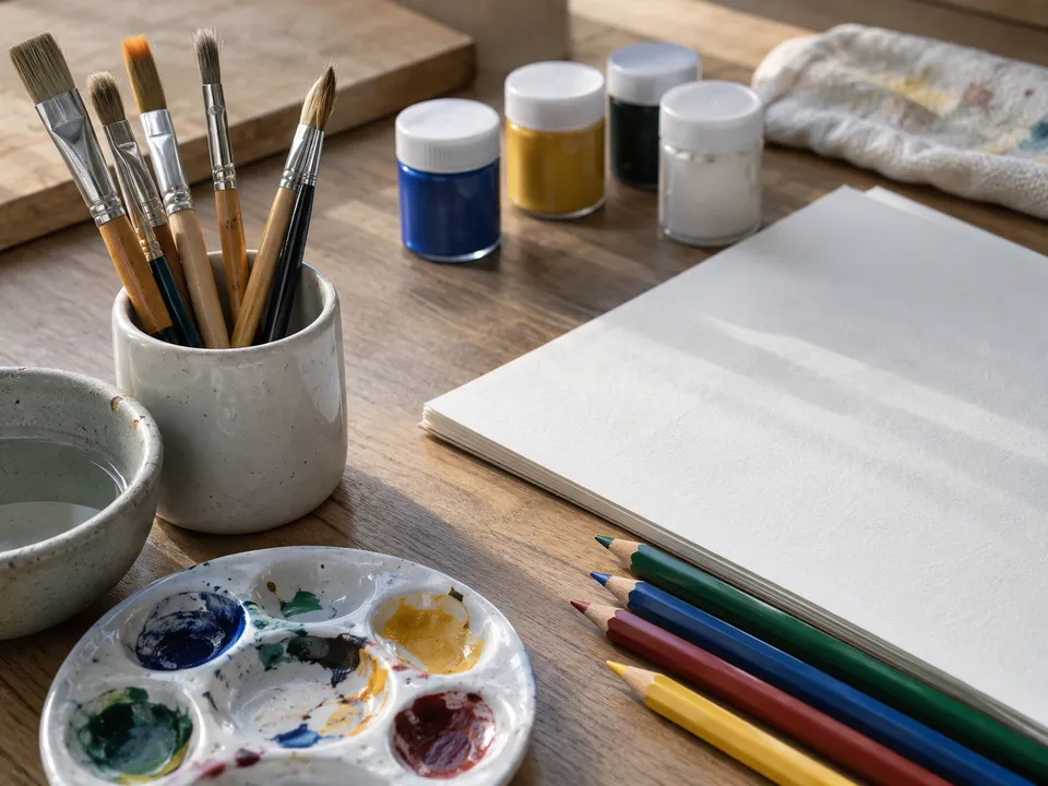 AI-generated illustration: brushes, pencils, blank paper and paint for children's art classes.