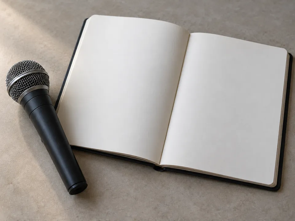 AI-generated illustration: a microphone and a blank rehearsal notebook.