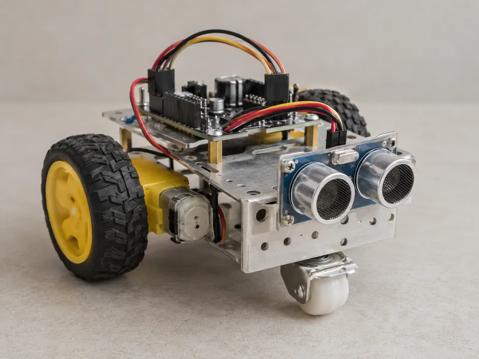 AI-generated illustration: a small wheeled maker robot.