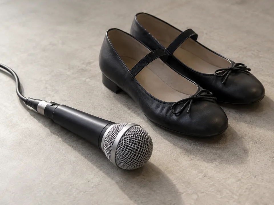 AI-generated illustration: a microphone and dance shoes.