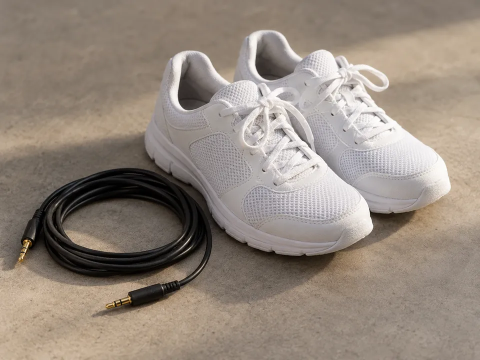 AI-generated illustration: trainers and a coiled audio cable.
