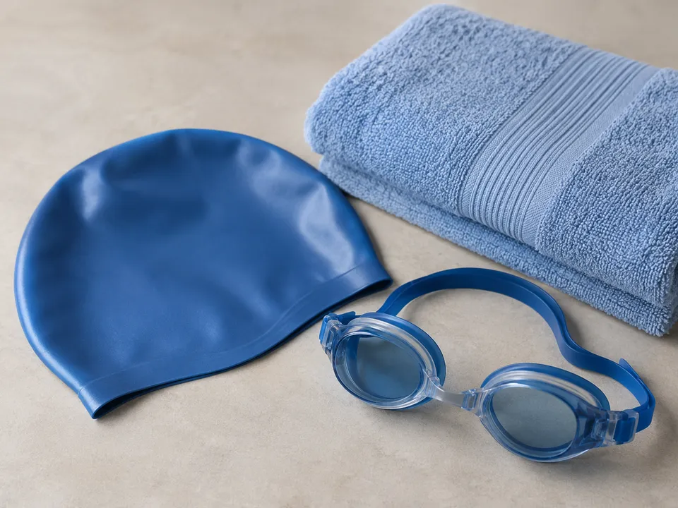 AI-generated illustration: a swim cap, goggles and a folded towel.