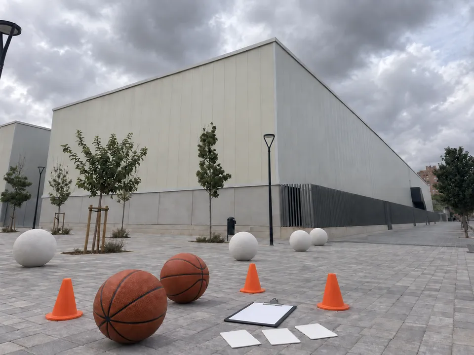 AI-generated illustration: empty L’Alqueria del Basket exterior with two basketballs, training cones, a clipboard and blank activity cards.