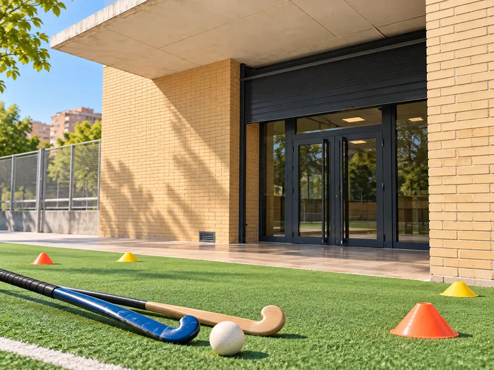 AI-generated illustration: empty Beteró hockey venue with green turf, two field-hockey sticks, a ball and training cones.