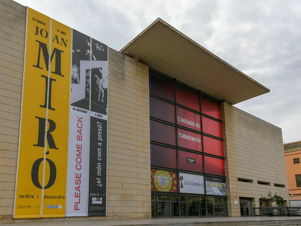 IVAM façade and main entrance with exhibition banners in 2018.