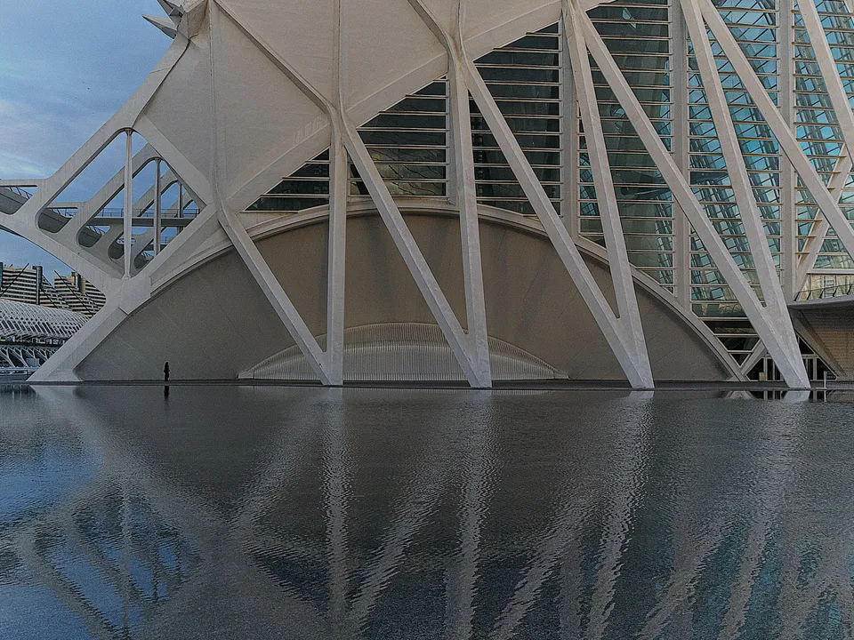 Exterior facade and reflecting pool of Museu de les Ciències in Valencia.